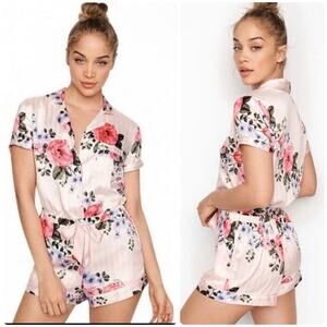 VICTORIA’S SECRET Satin Floral Striped Pajama Sleep Romper Jumpsuit Size M